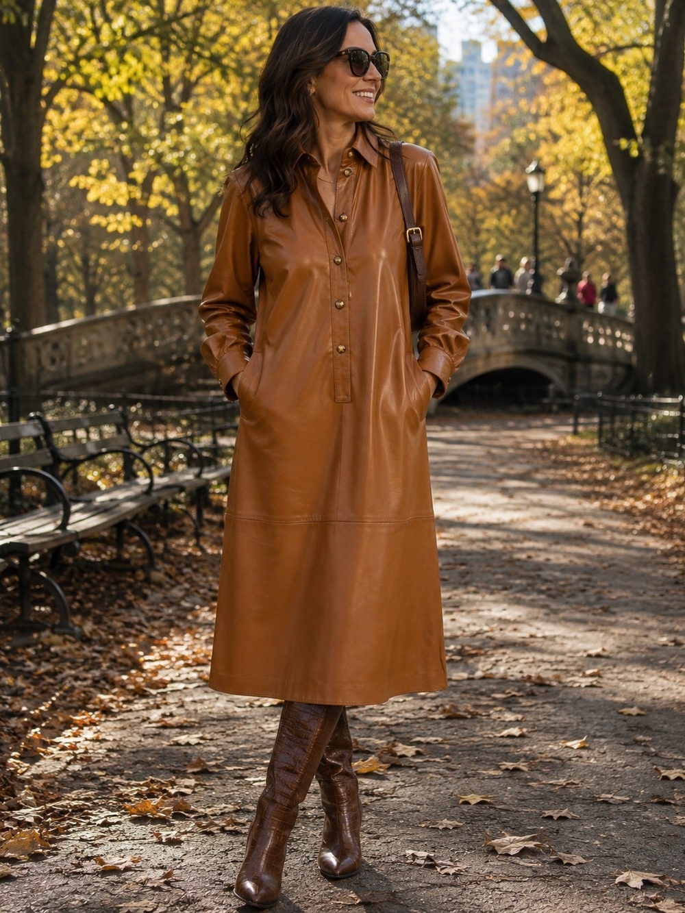 Dodo Bar Or Chestnut Brown Leather Shirt Dress Coat S. 42
